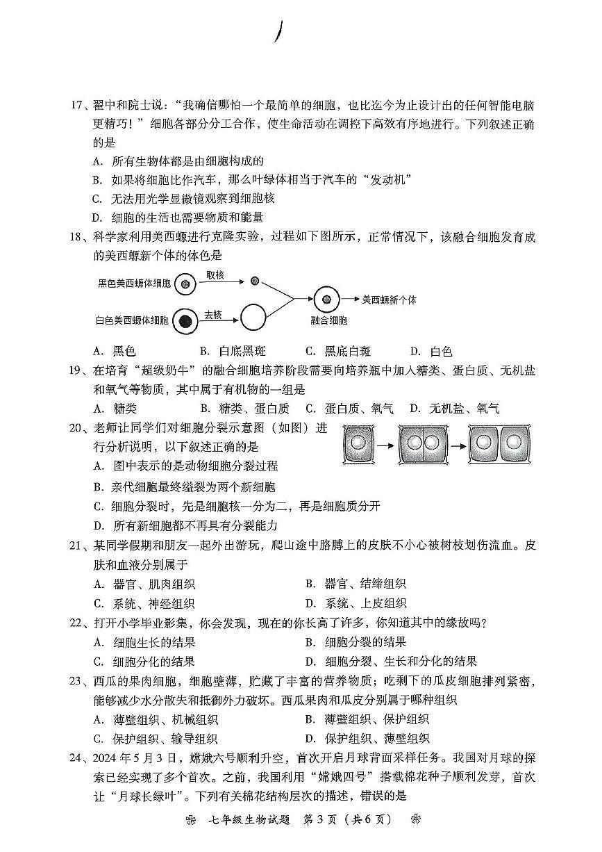 湖南省衡阳市蒸湘区蒸湘区联考2025-2026学年七年级上学期11月期中生物试题第3页