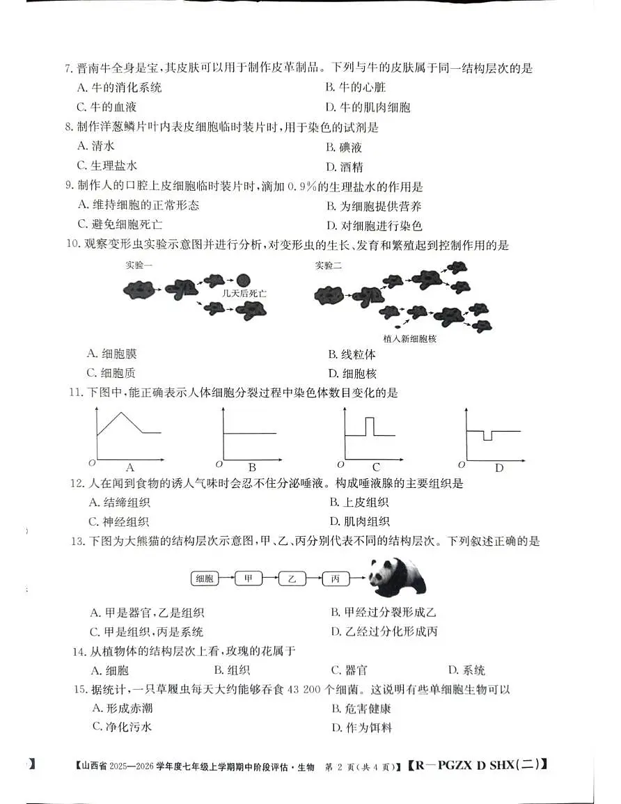 山西省朔州市部分学校2025-2026学年七年级上学期11月期中生物试题第2页