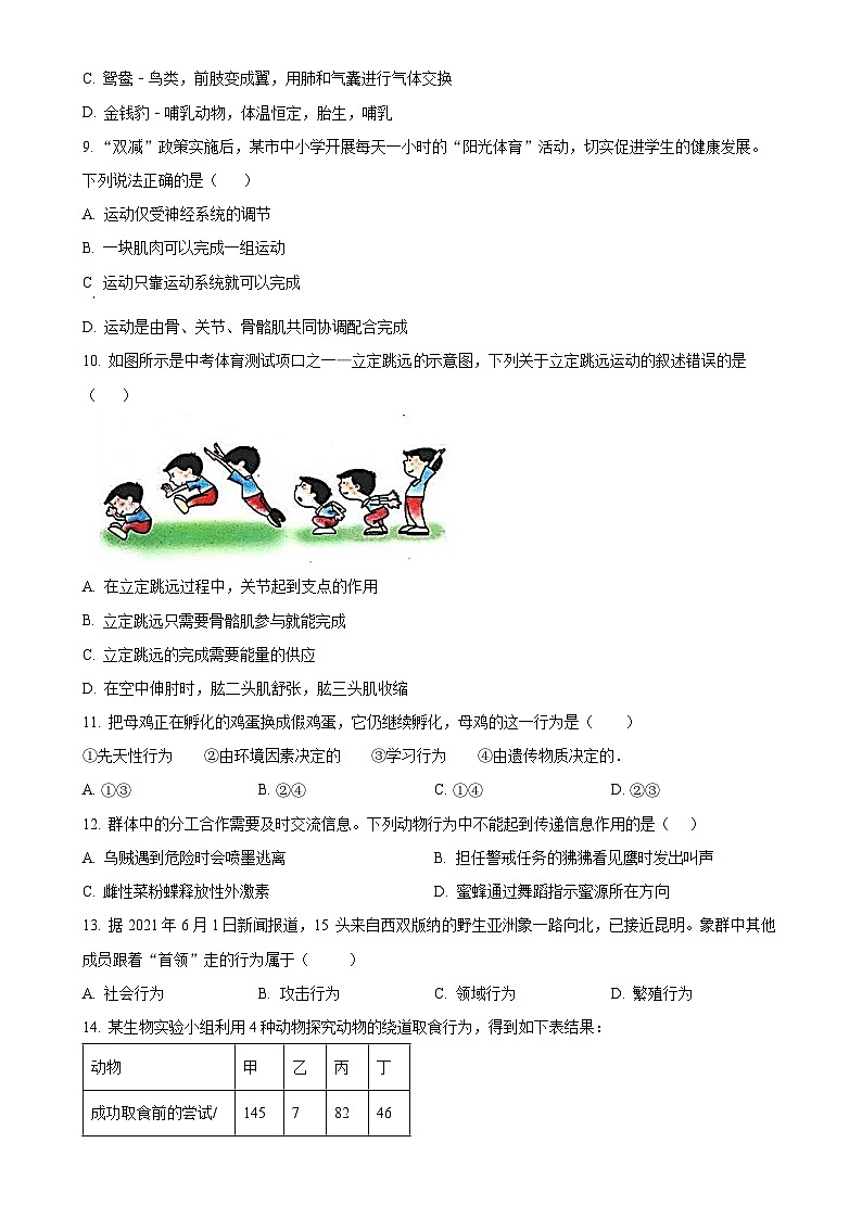 安徽省六安市舒城县2八年级上学期期末生物试题（原卷版）-A4第2页