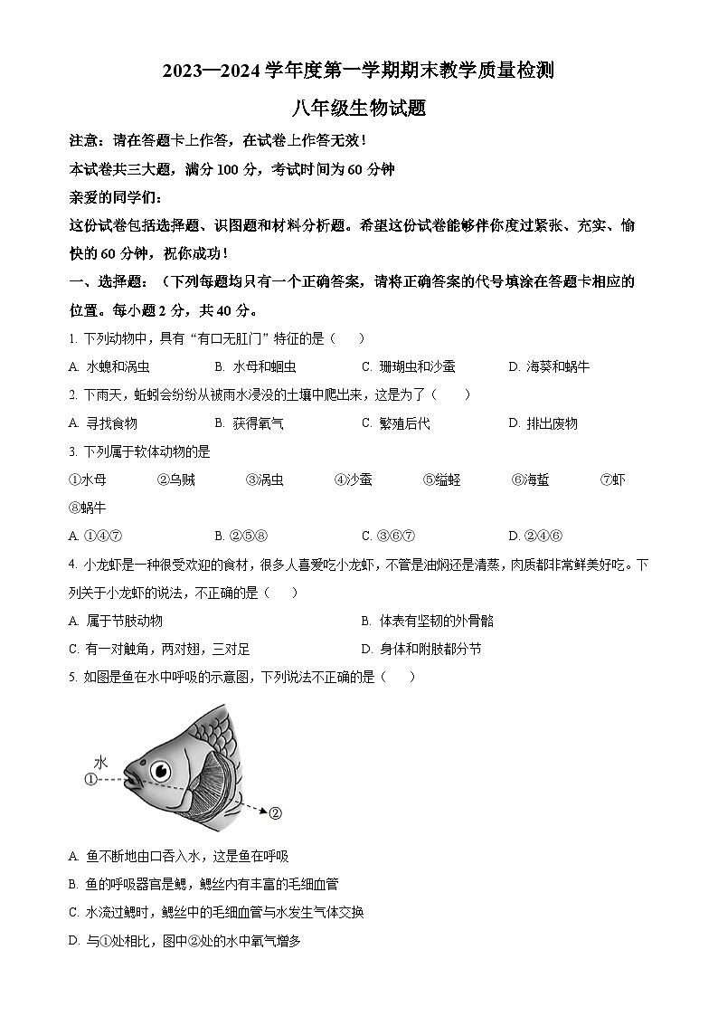 安徽省巢湖市八年级上学期期末生物试题（原卷版）-A4第1页