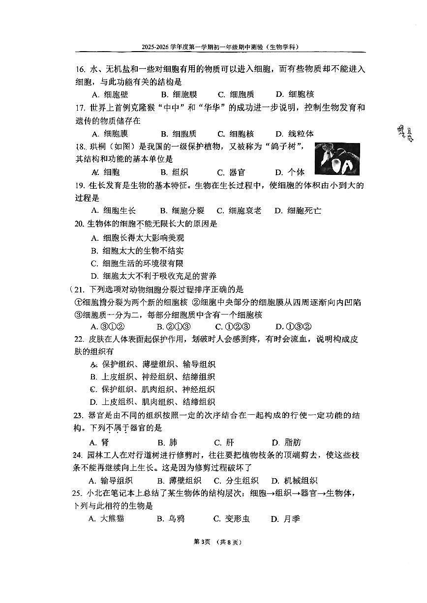 2025北京四中初一（上）期中生物试卷第3页