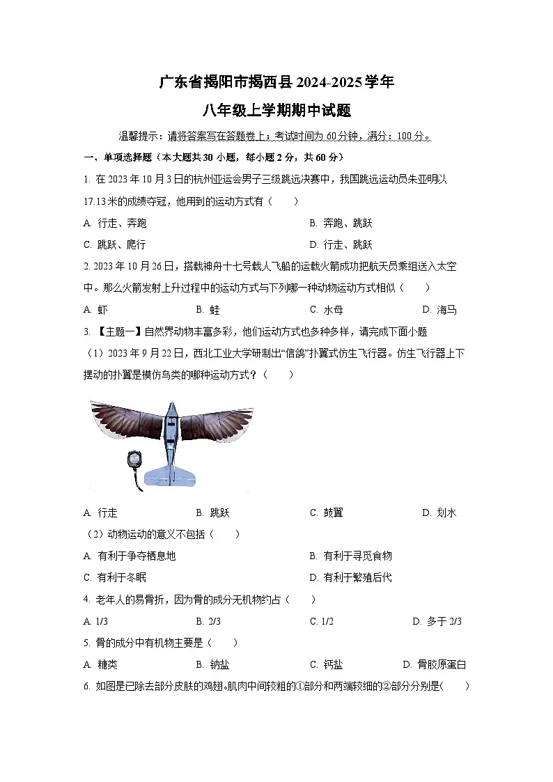 广东省揭阳市揭西县2024-2025学年八年级上学期期中生物试卷（学生版）第1页