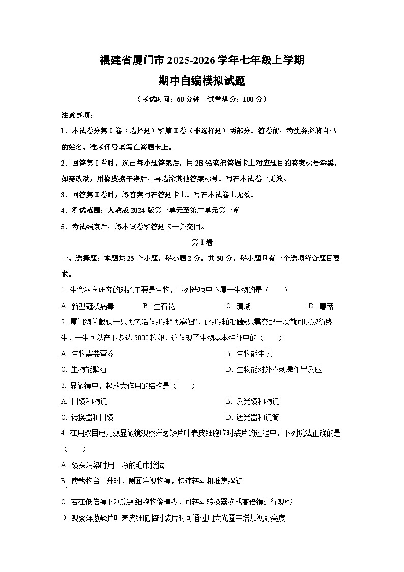 福建省厦门市2025-2026学年七年级上学期期中自编模拟生物试卷（学生版）第1页