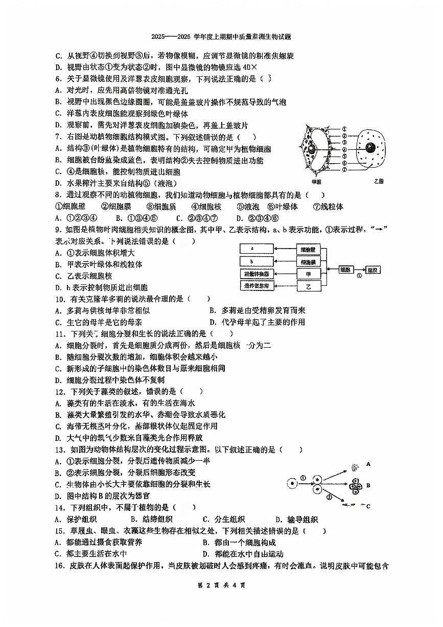 重庆市长寿川维中学校2025-2026学年七年级上学期11月期中生物试题第2页