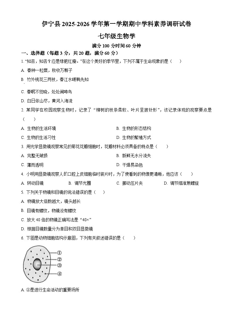 新疆伊犁哈萨克自治州伊宁县2025-2026学年七年级上学期期中生物学试题（含答案）第1页