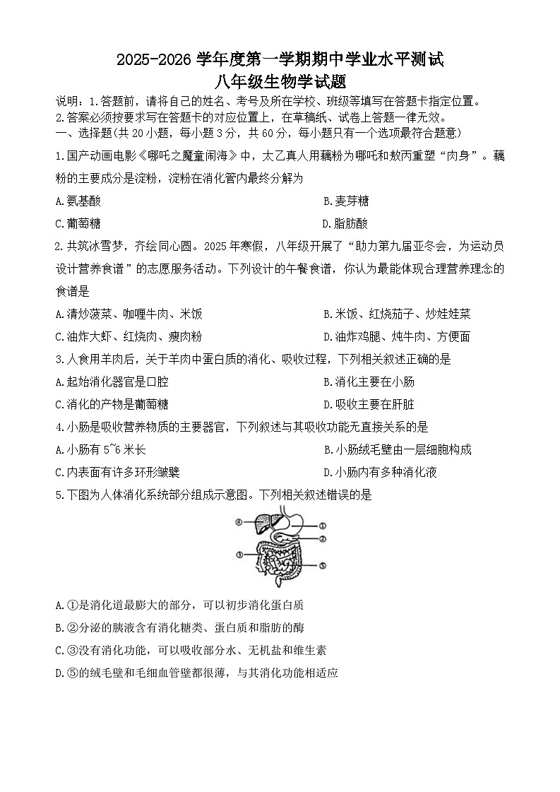 江苏省徐州市2025-2026学年八年级上学期11月期中生物试题（无答案）第1页
