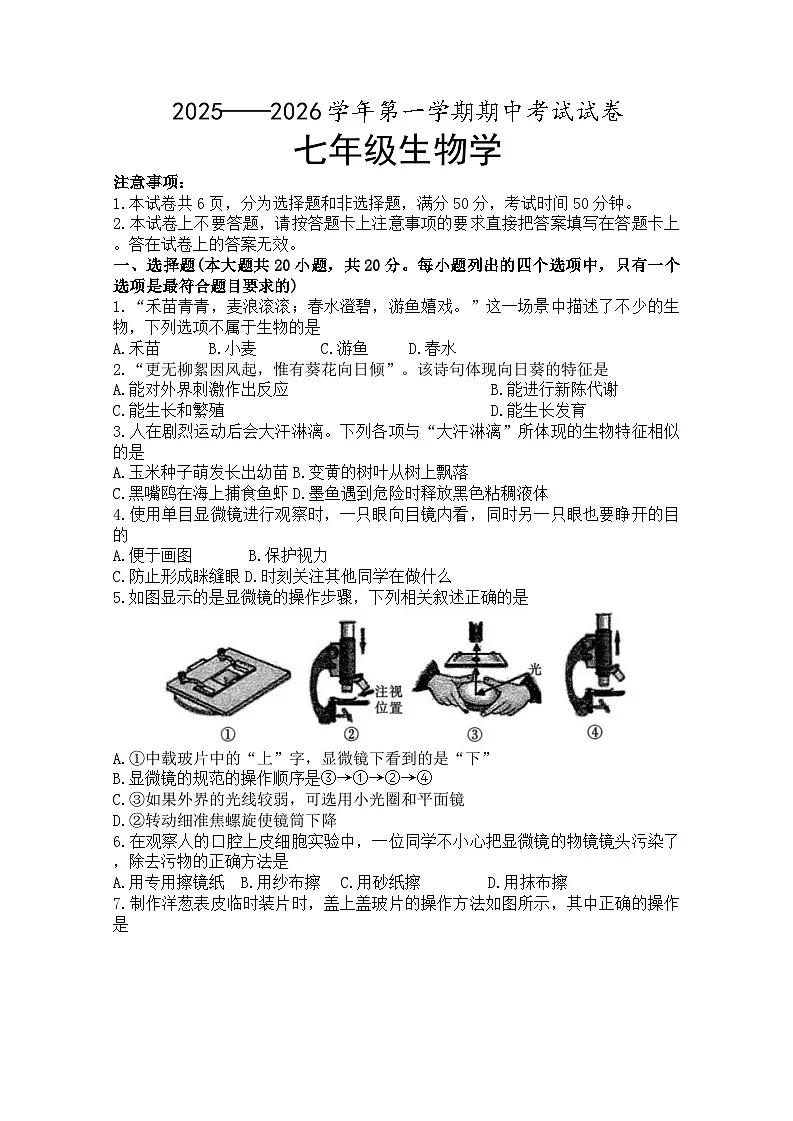河南省濮阳市2025-2026学年七年级上学期期中生物学试题（含答案）第1页