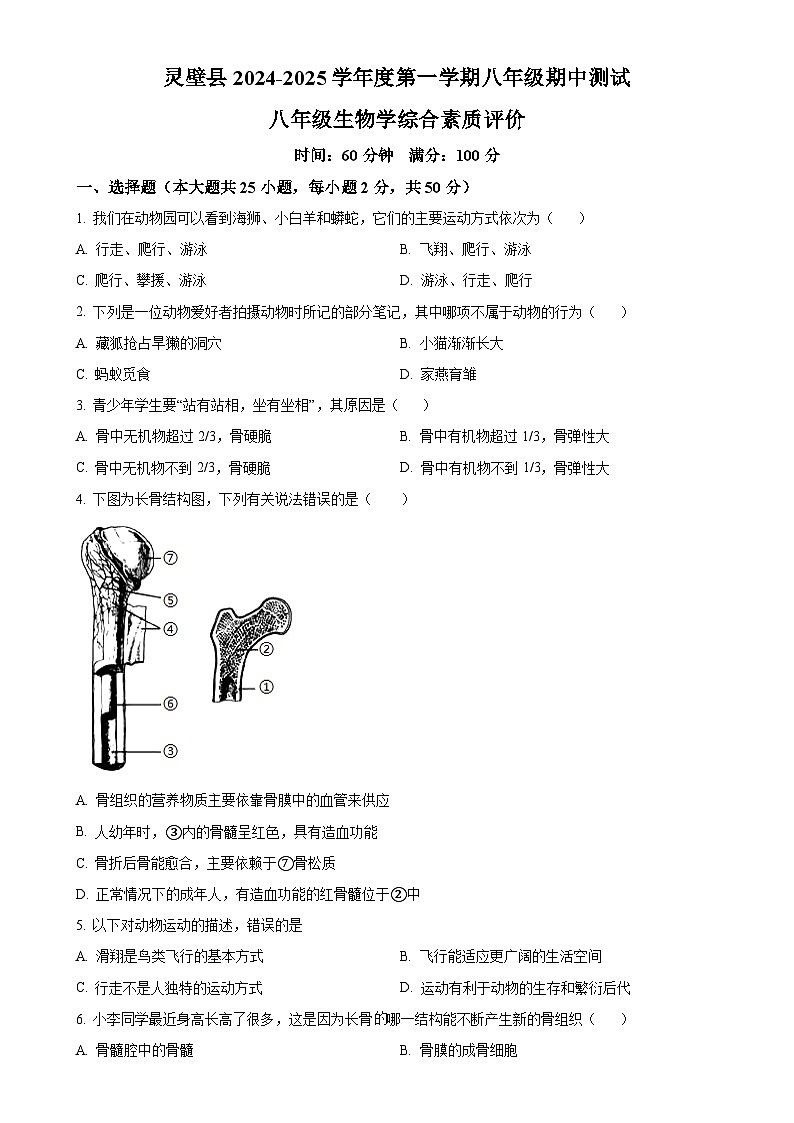 安徽省宿州市灵璧县2八年级上学期期中生物试题（原卷版）-A4第1页