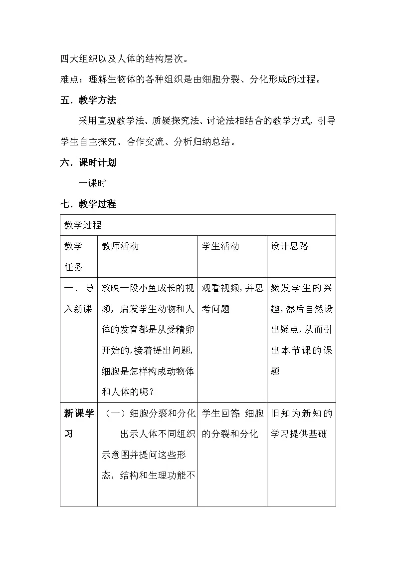 人教版初中生物七年级上册（2024）1.3.2 动物体的结构层次 教学设计第2页