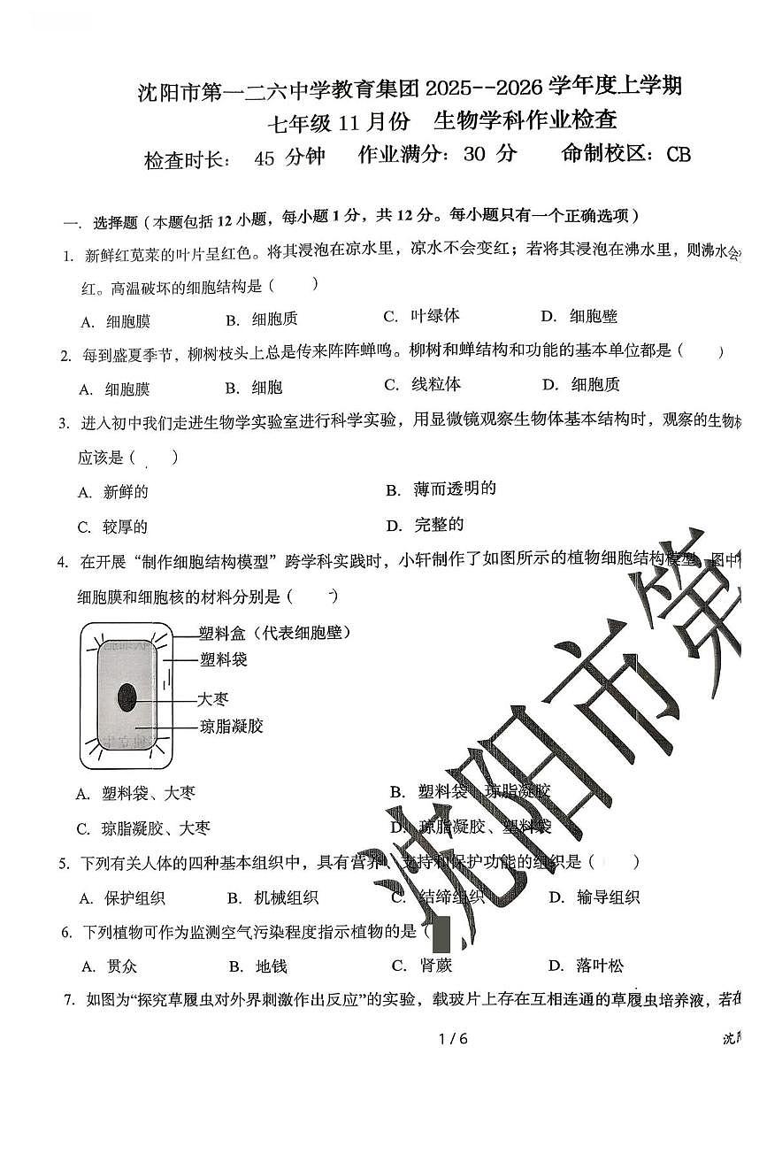 辽宁省沈阳市第一二六中学教育集团2025-2026学年七年级上学期11月期中考试生物试卷第1页
