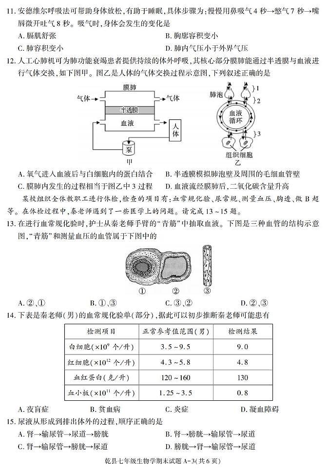 陕西省咸阳市乾县2024-2025学年七年级下学期期末考试生物试卷第3页