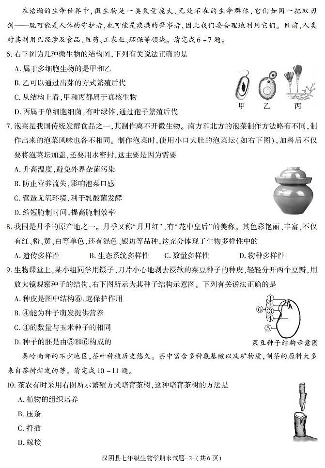 陕西省安康市汉阴市2024-2025学年七年级下学期期末考试生物试卷第2页