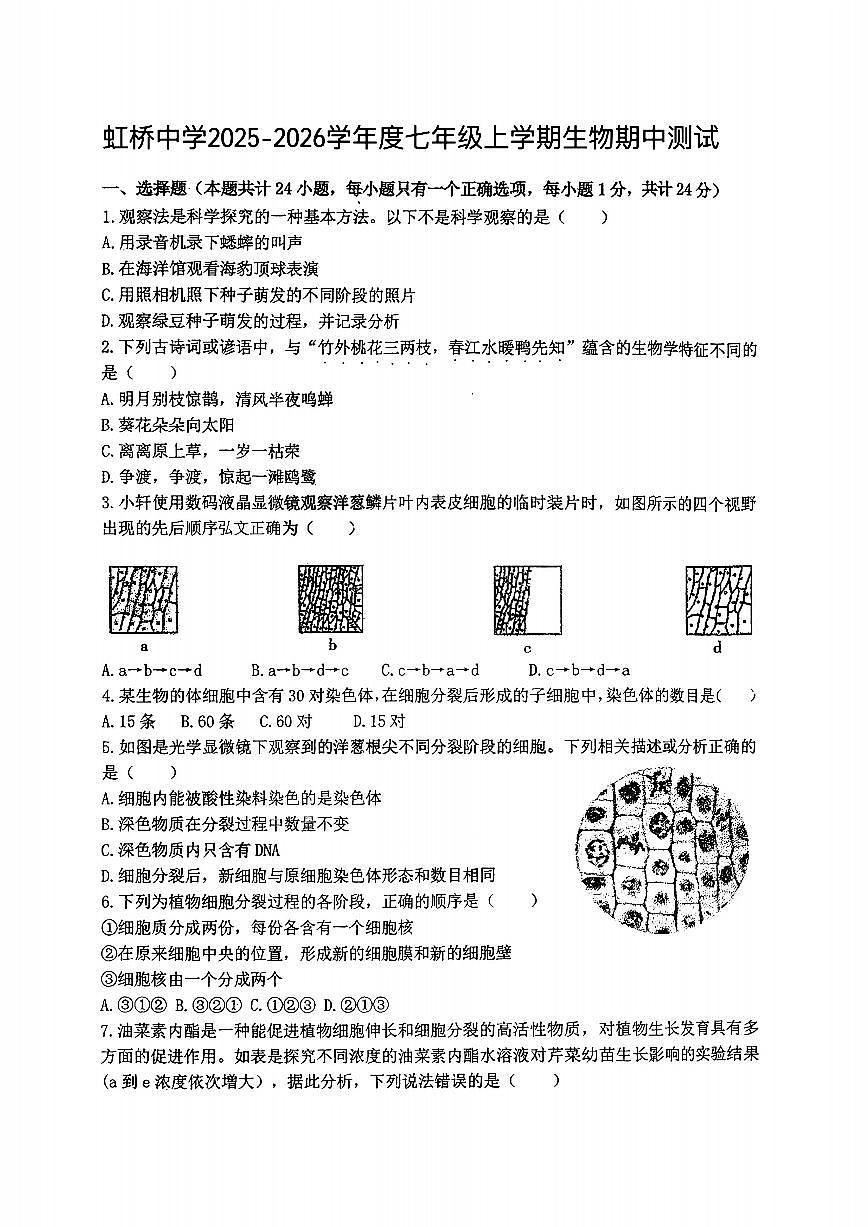 2025年哈尔滨市虹桥中学七年级上学期生物期中试卷及答案第1页