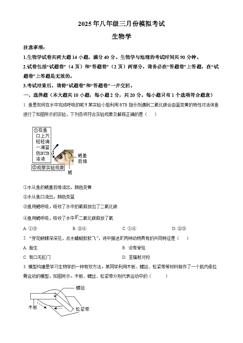 2025年安徽省亳州市利辛县八年级中考一模生物试题-A4第1页