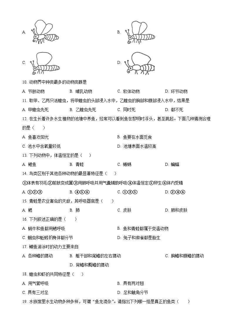 安徽省安庆市四中2八年级上学期期中生物试题（原卷版）-A4第2页