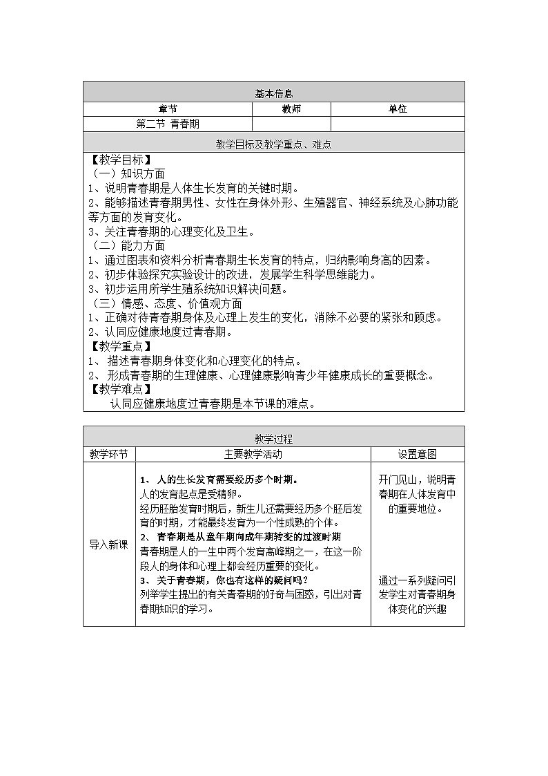 人教版初中生物七年级下册（2024）4.1.2 青春期 教案第1页
