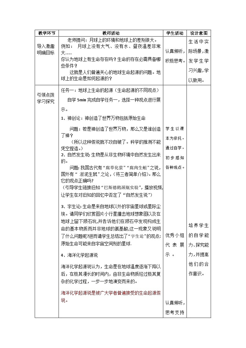 人教版初中生物八年级下册 7.3.1 地球上生命的起源 教案第2页