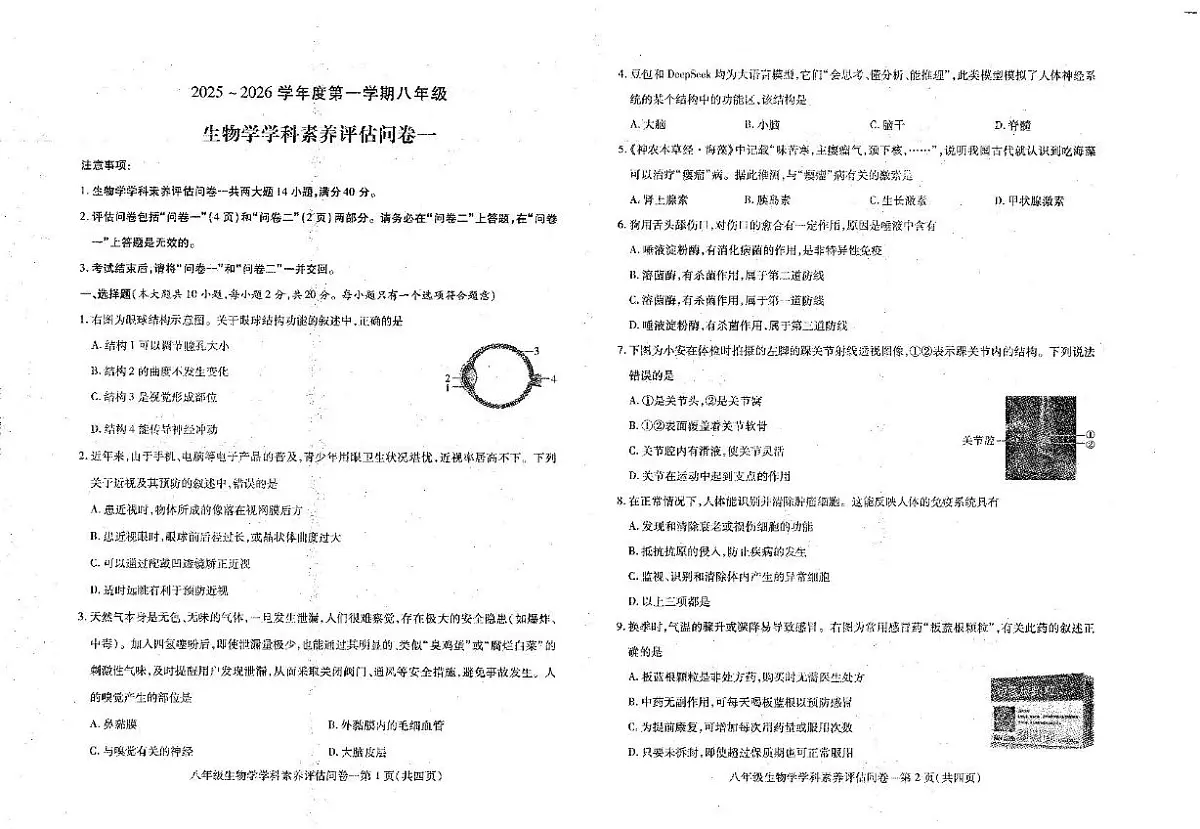 安徽省六安市霍邱县2025---2026学年八年级上学期期中考试生物试卷第1页