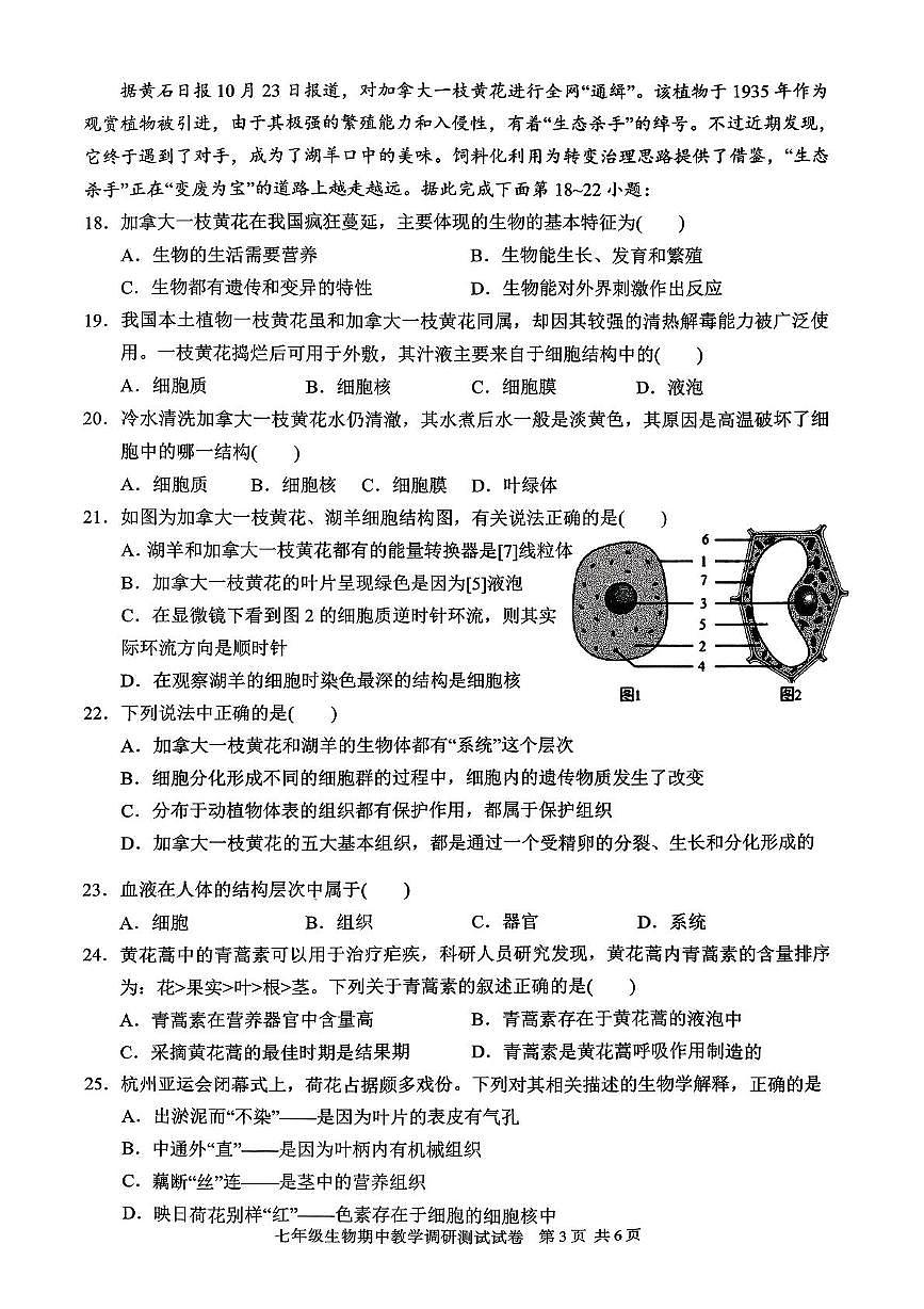 广东省湛江市徐闻县2025~2026学年七年级上学期期中教学调研测试生物试卷第3页