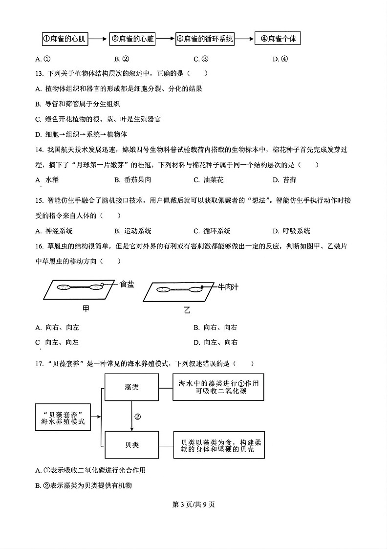 2024-2025学年七年级上学期白云区期末考试生物试卷（含答案）第3页