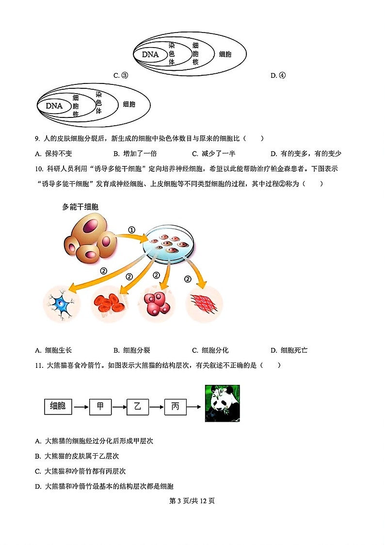 2024-2025学年七年级上学期海珠区期末考试生物试卷（含答案）第3页