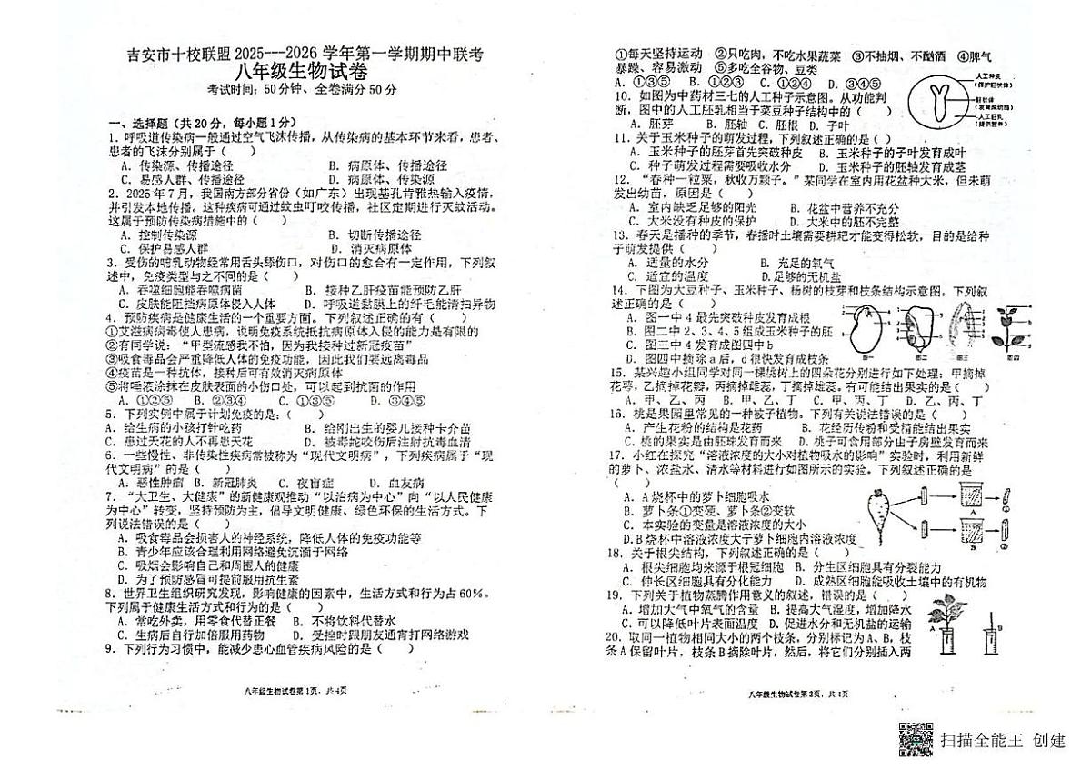 江西省吉安市第八中学2025-2026学年八年级上学期11月期中生物试题第1页