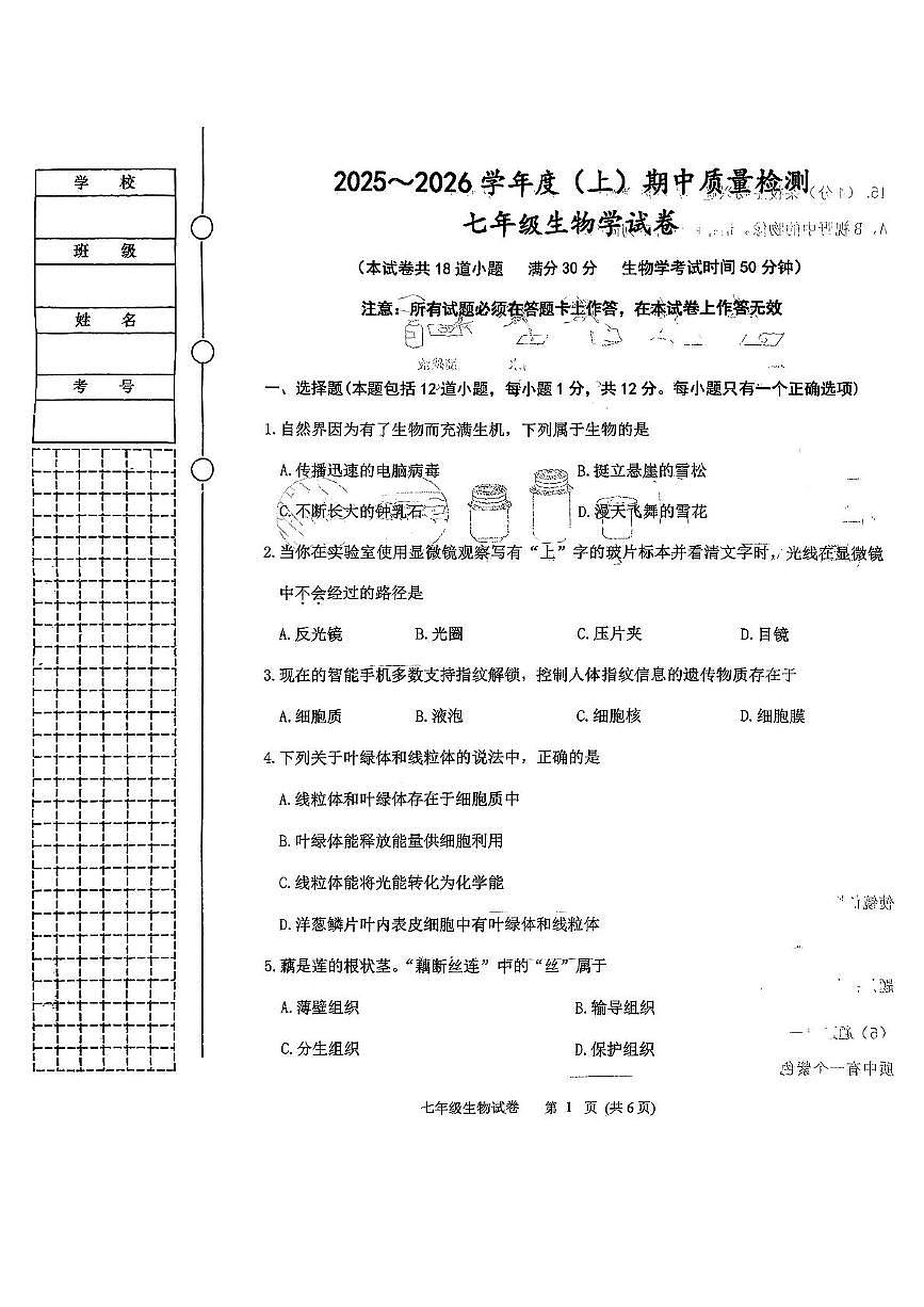 辽宁省铁岭市铁岭县2025-2026学年七年级上学期11月期中生物试题第1页