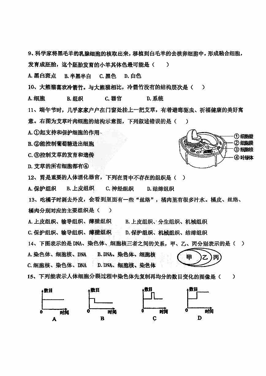 2025年哈尔滨工业大学附属中学七年级上学期生物期中试题及答案第2页
