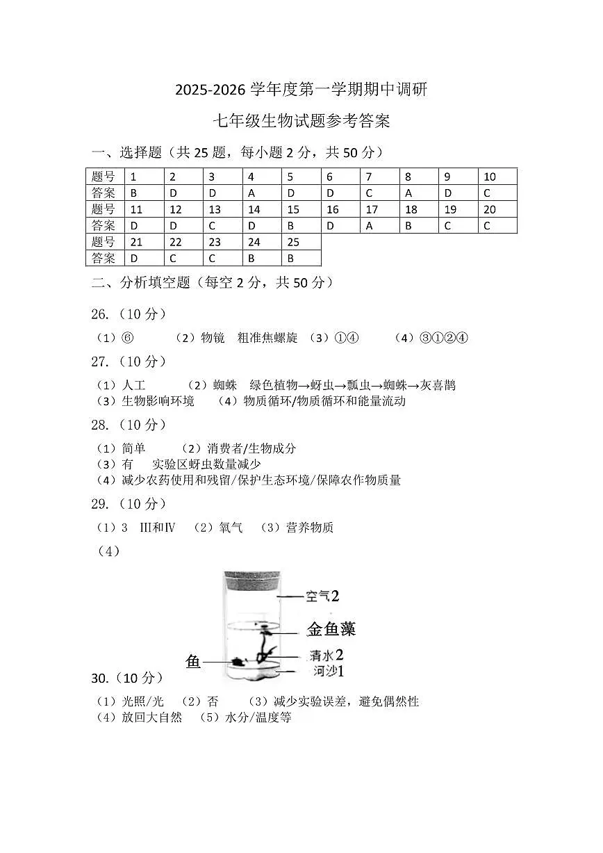 七年级生物试题参考答案第1页