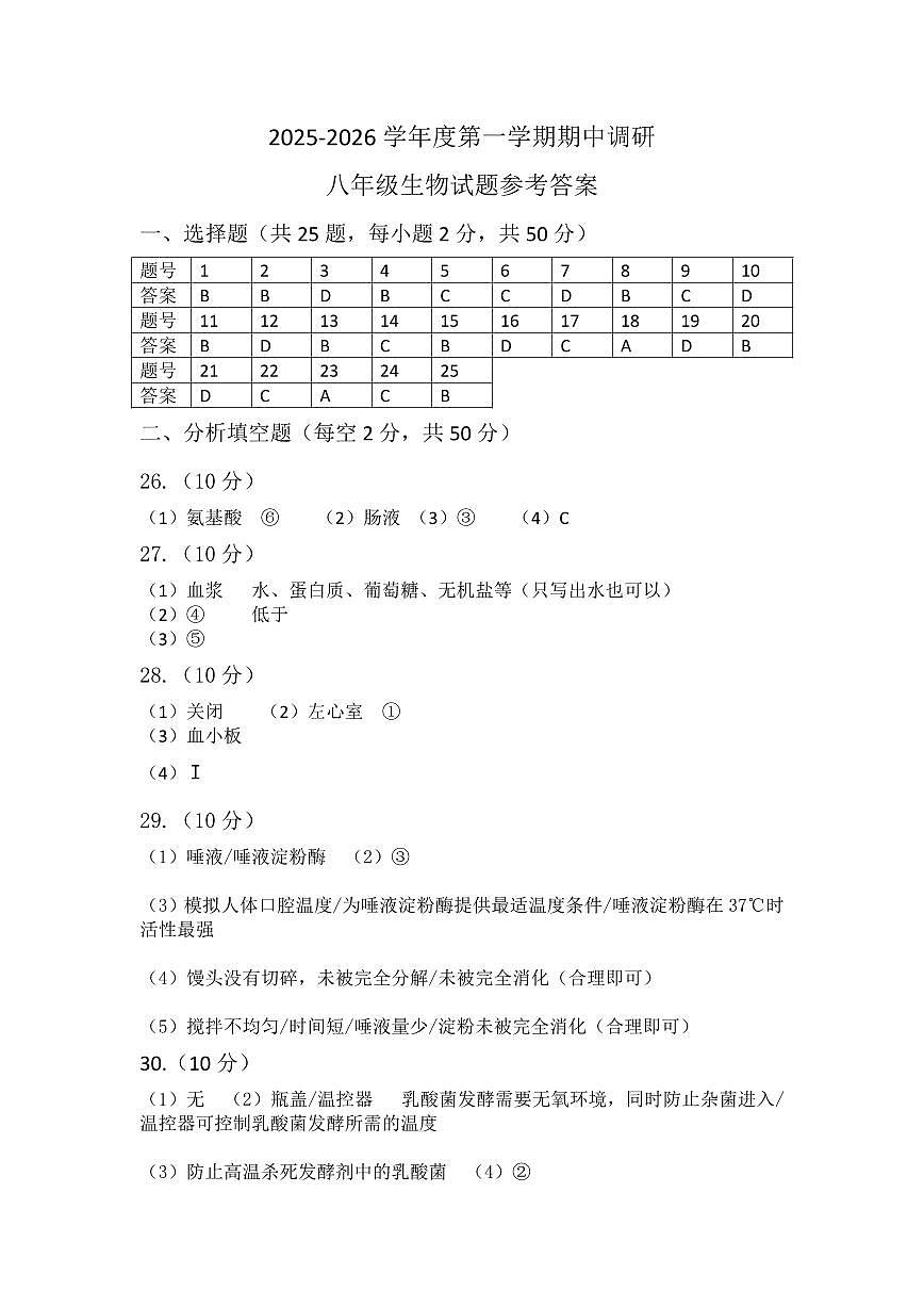 八年级生物试题参考答案第1页