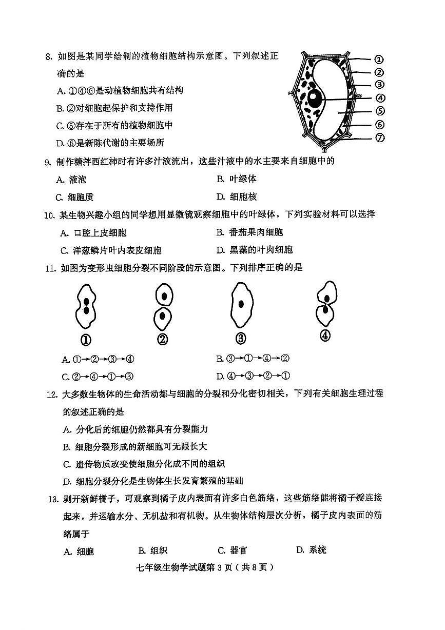 山东省潍坊市诸城市2025-2026学年七年级上学期11月期中生物试题第3页