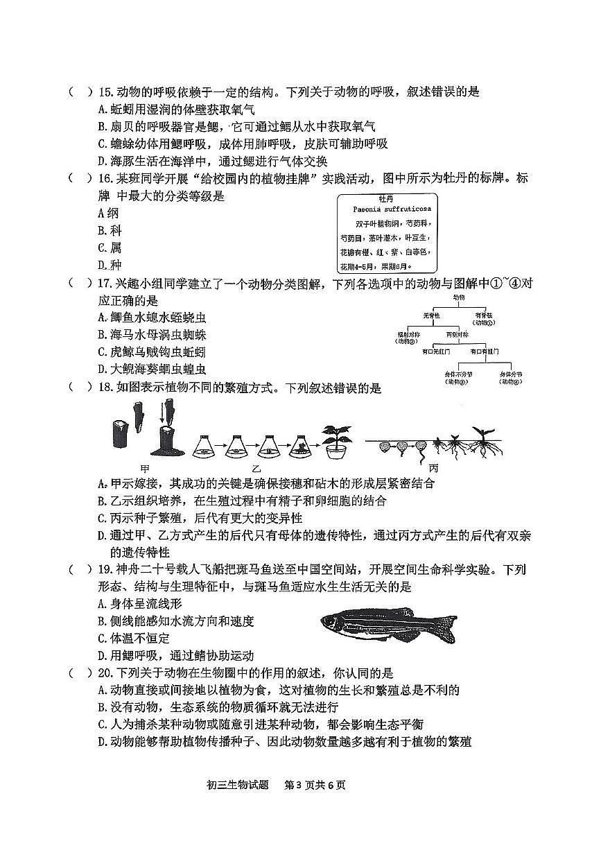 山东省淄博市淄川区2025--2026学年八年级上学期11月期中考试生物试题第3页