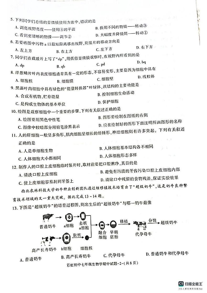 陕西省咸阳彩虹学校2025-2026学年七年级上学期期中考试生物试题第2页