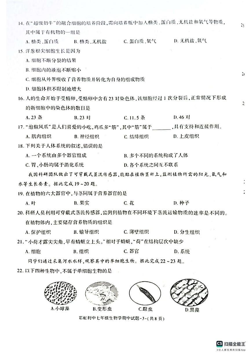 陕西省咸阳彩虹学校2025-2026学年七年级上学期期中考试生物试题第3页