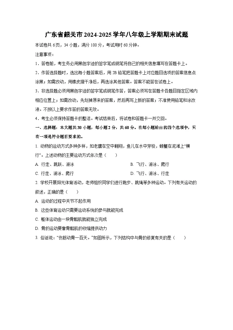广东省韶关市2024-2025学年八年级上学期期末生物试题（学生版）第1页