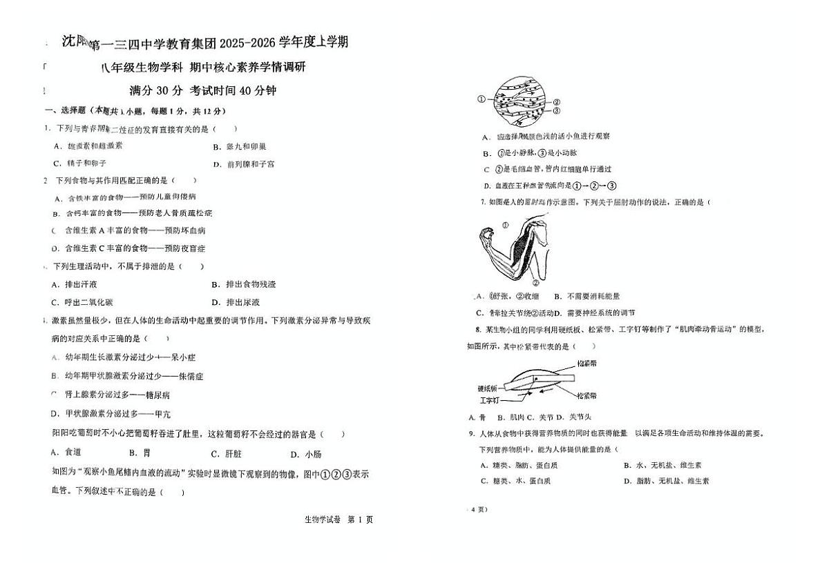 辽宁省沈阳市一三四中学2025-2026学年八年级上学期生物期中试题第1页
