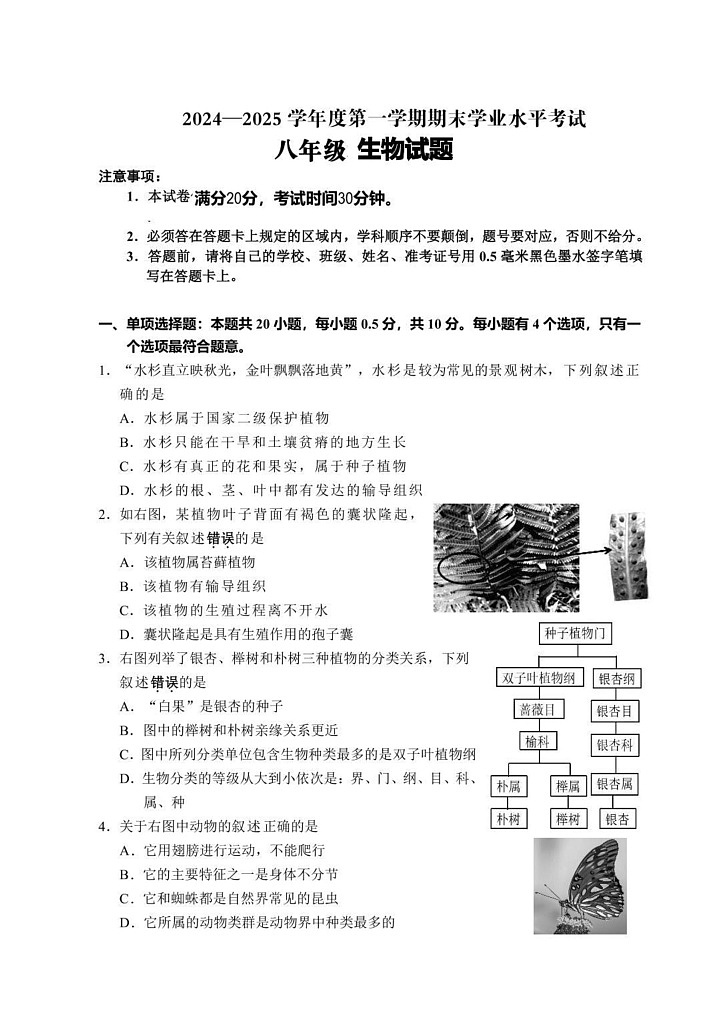 江苏省盐城市东台市2024-2025学年八年级上学期期末考试生物试题第1页