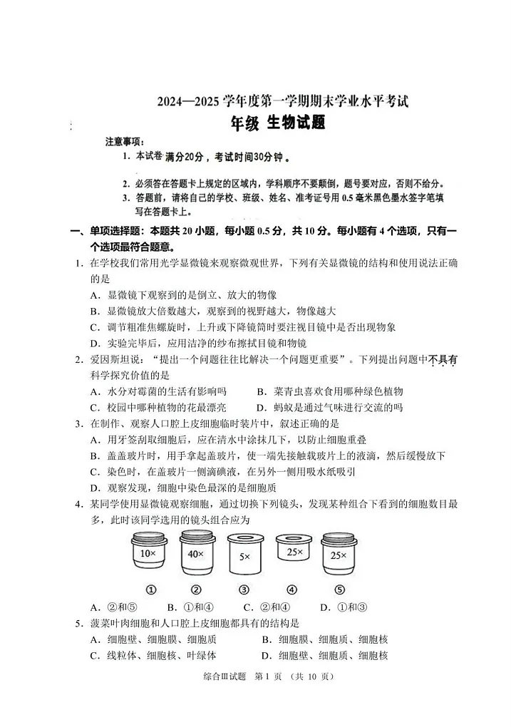 江苏省盐城市东台市2024-2025学年七年级上学期期末考试生物试题第1页