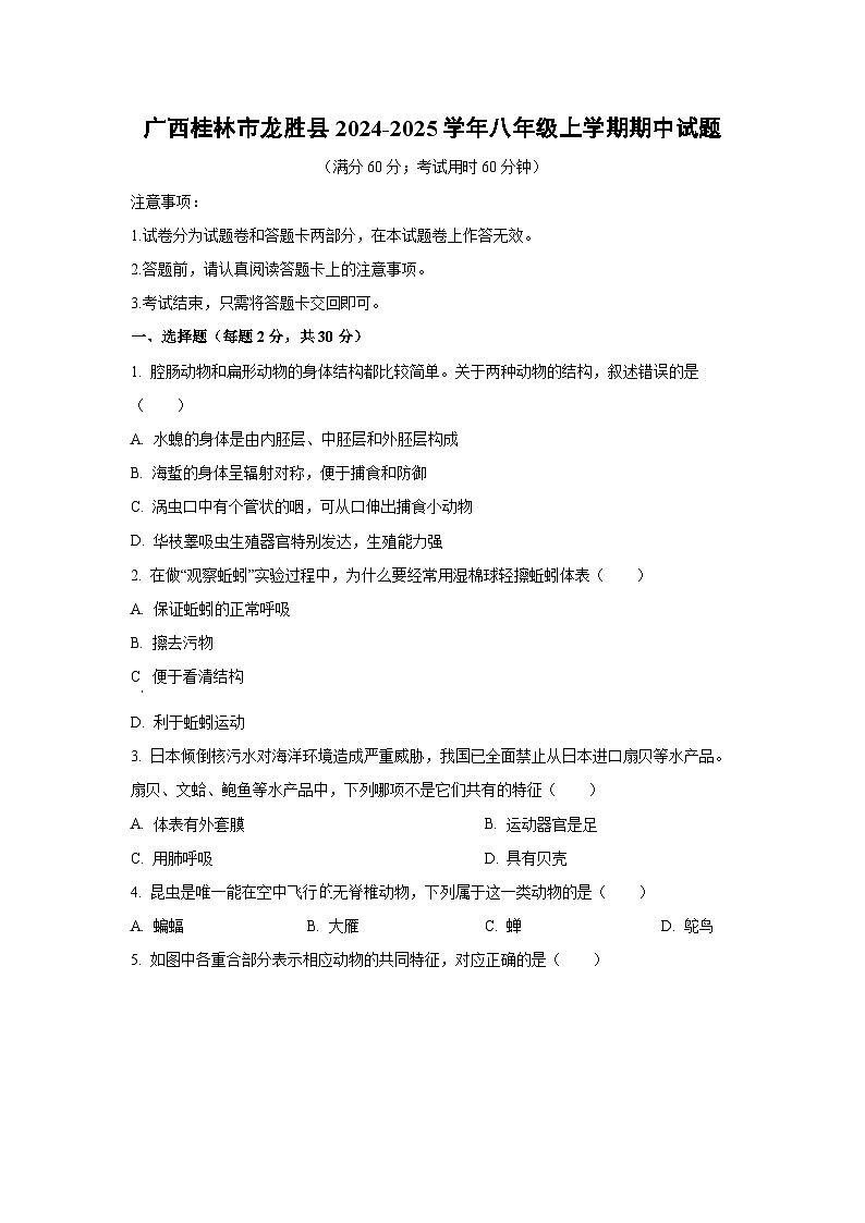 2024-2025学年广西桂林市龙胜县八年级上学期期中生物试题（学生版）第1页