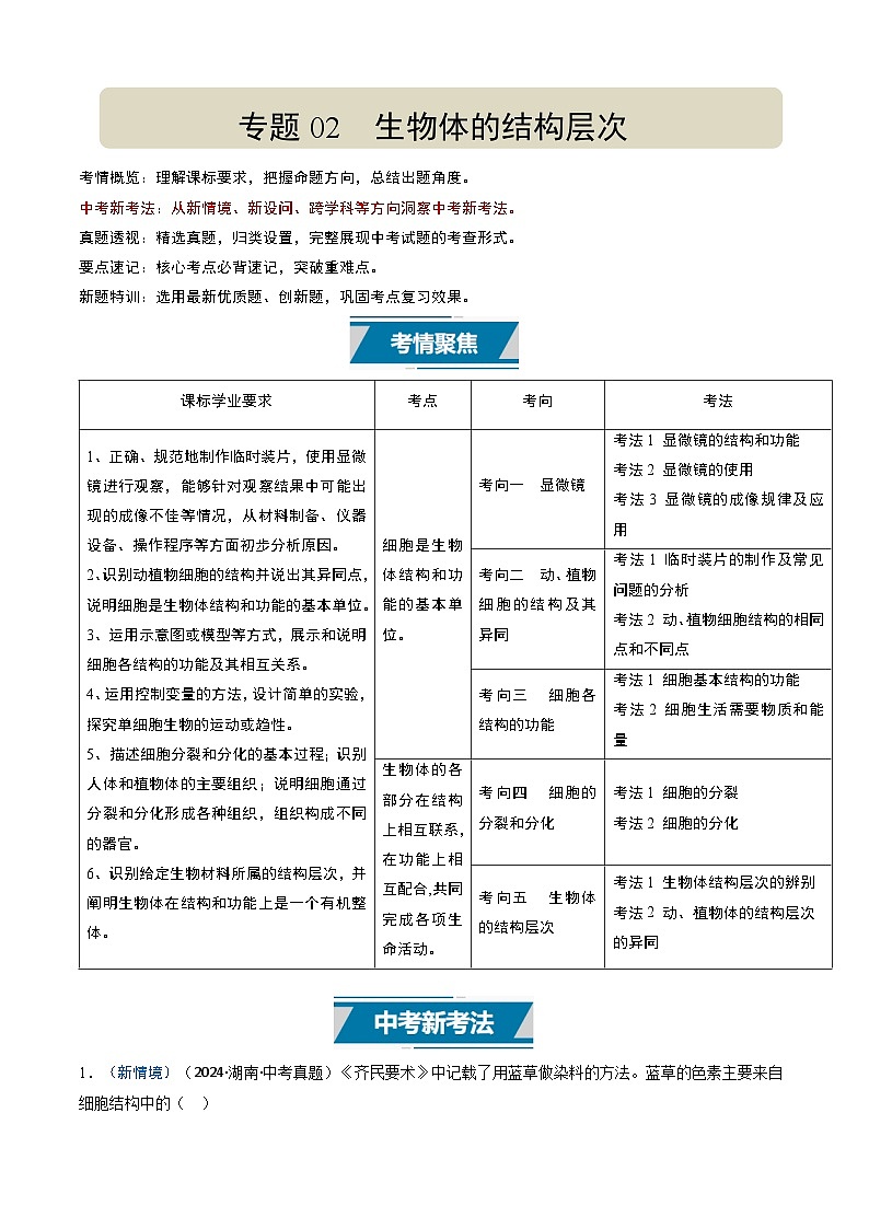 专题02 生物体的结构层次（解析版）第1页