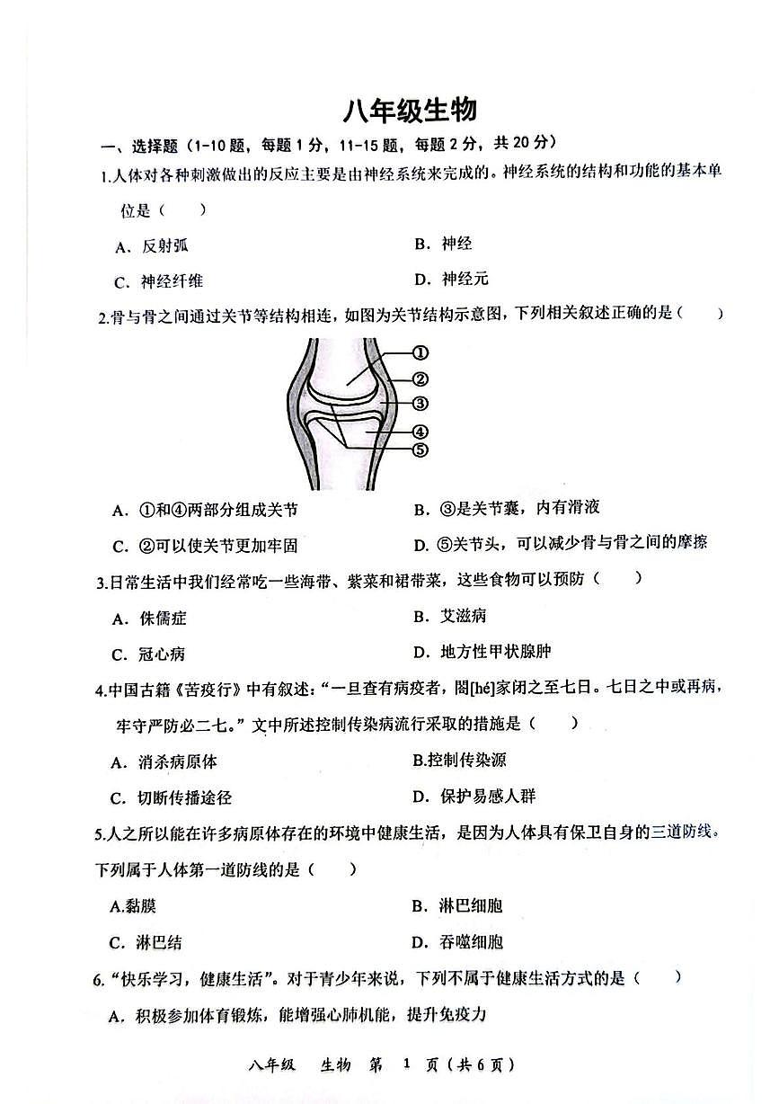 湖北省安陆市2025-2026学年八年级上学期期中生物试卷第1页