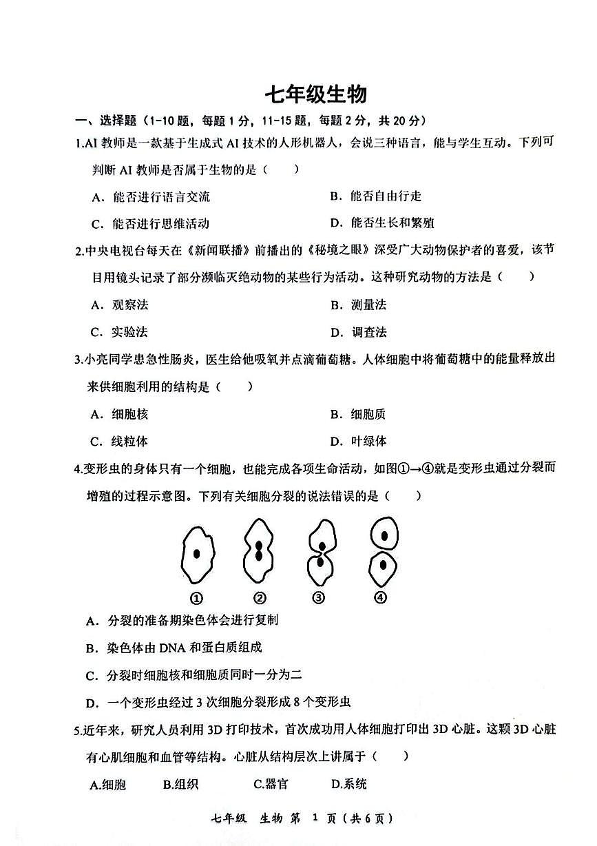 湖北省安陆市2025-2026学年七年级上学期期中生物试卷第1页