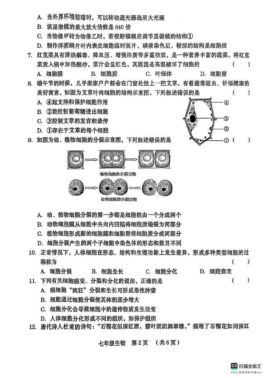 山东省枣庄市滕州市北辛中学2024-2025学年七年级上学期生物期中试卷第2页