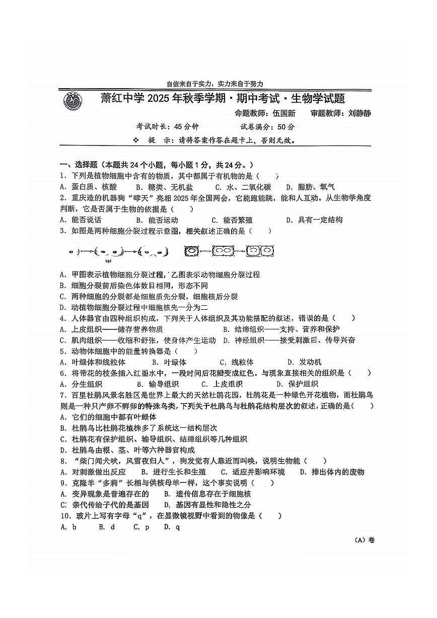 2025年哈尔滨市萧红中学七年级（上）期中生物试题及答案第1页
