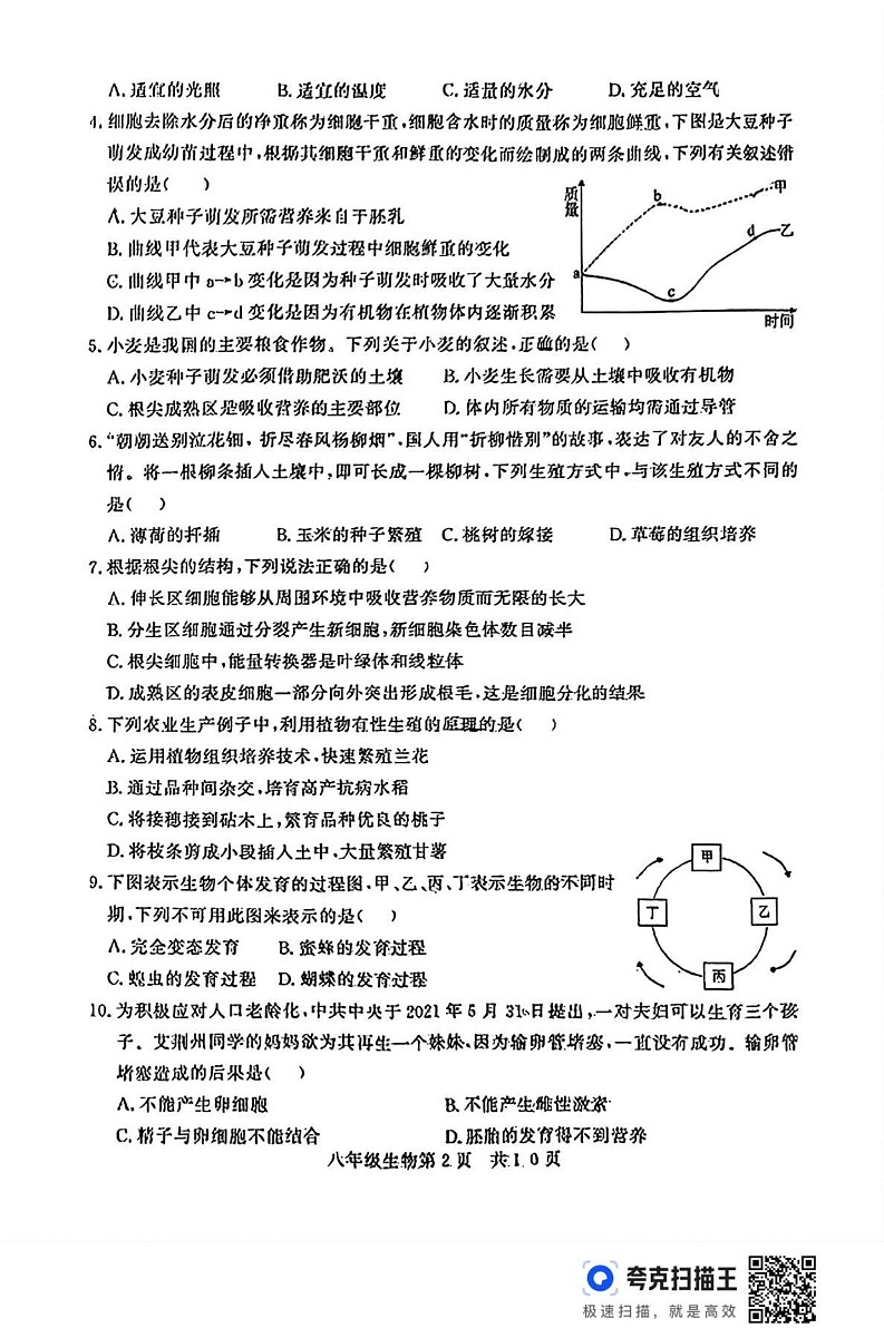 山东省德州市禹城市2024-2025学年八年级上学期期末考试生物试题第2页
