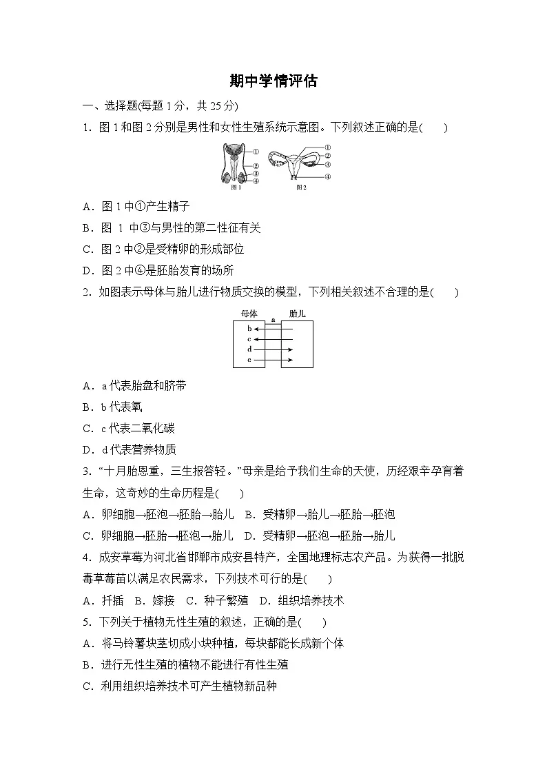 2026年春冀少版八年级生物下册 期中学情评估卷(含答案)第1页