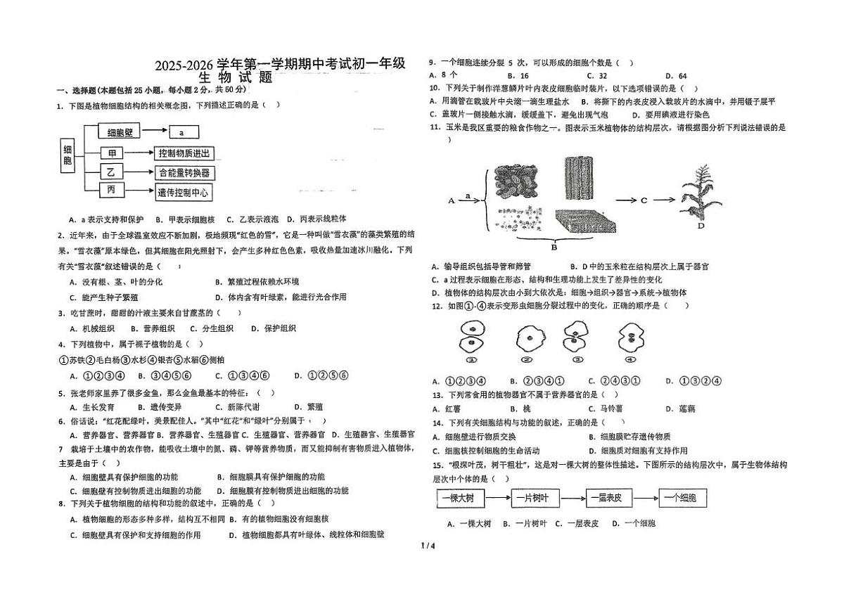 山东省德州市平原县龙门中学等三校联考2025-2026学年七年级上学期11月期中生物试题第1页