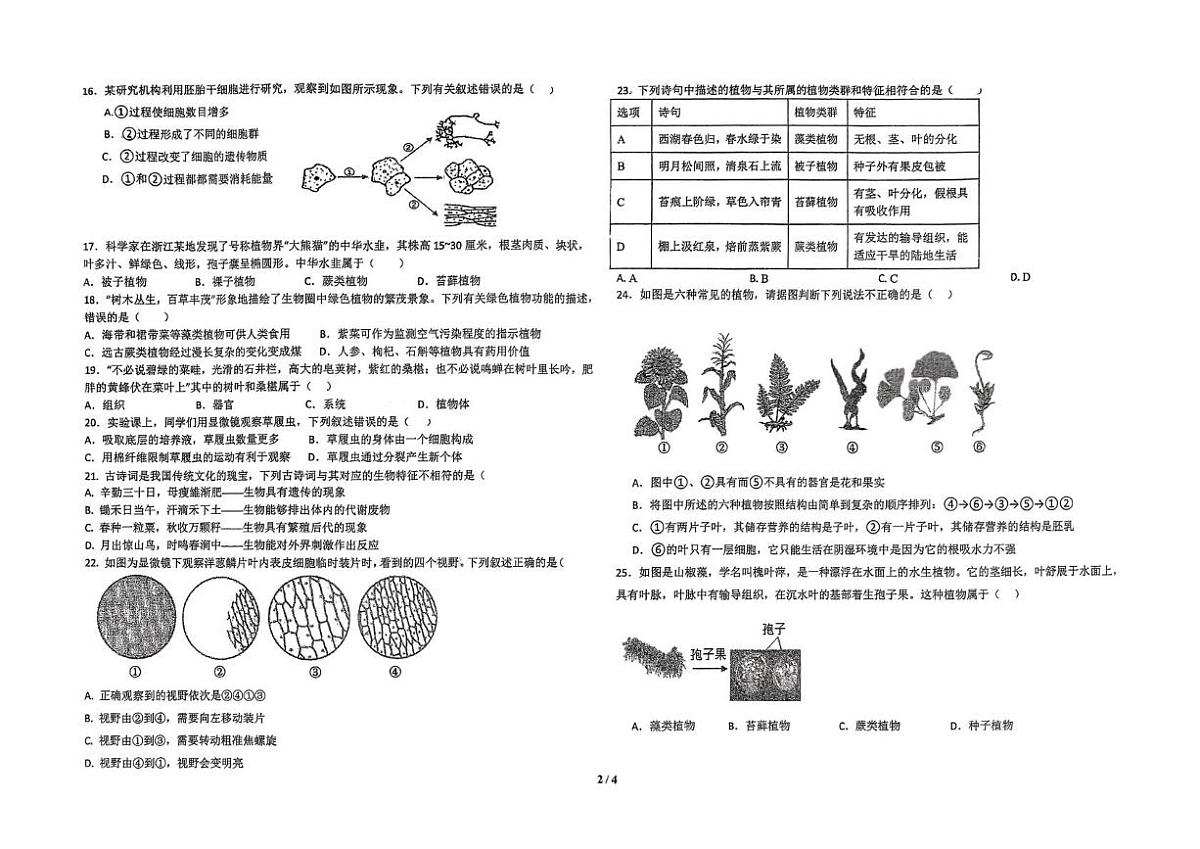 山东省德州市平原县龙门中学等三校联考2025-2026学年七年级上学期11月期中生物试题第2页