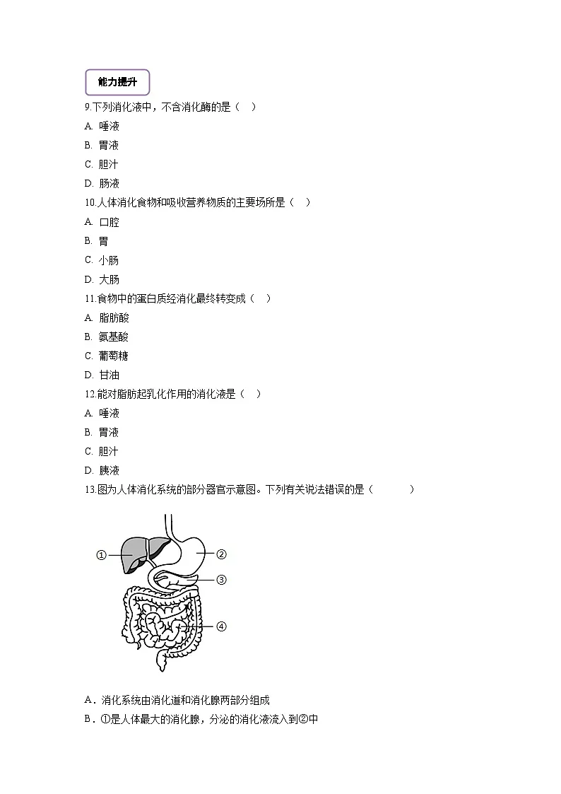 【核心素养】冀少版初中生物七下 3.1.3.2 食物在胃肠内的消化 分层作业（含答案）第2页