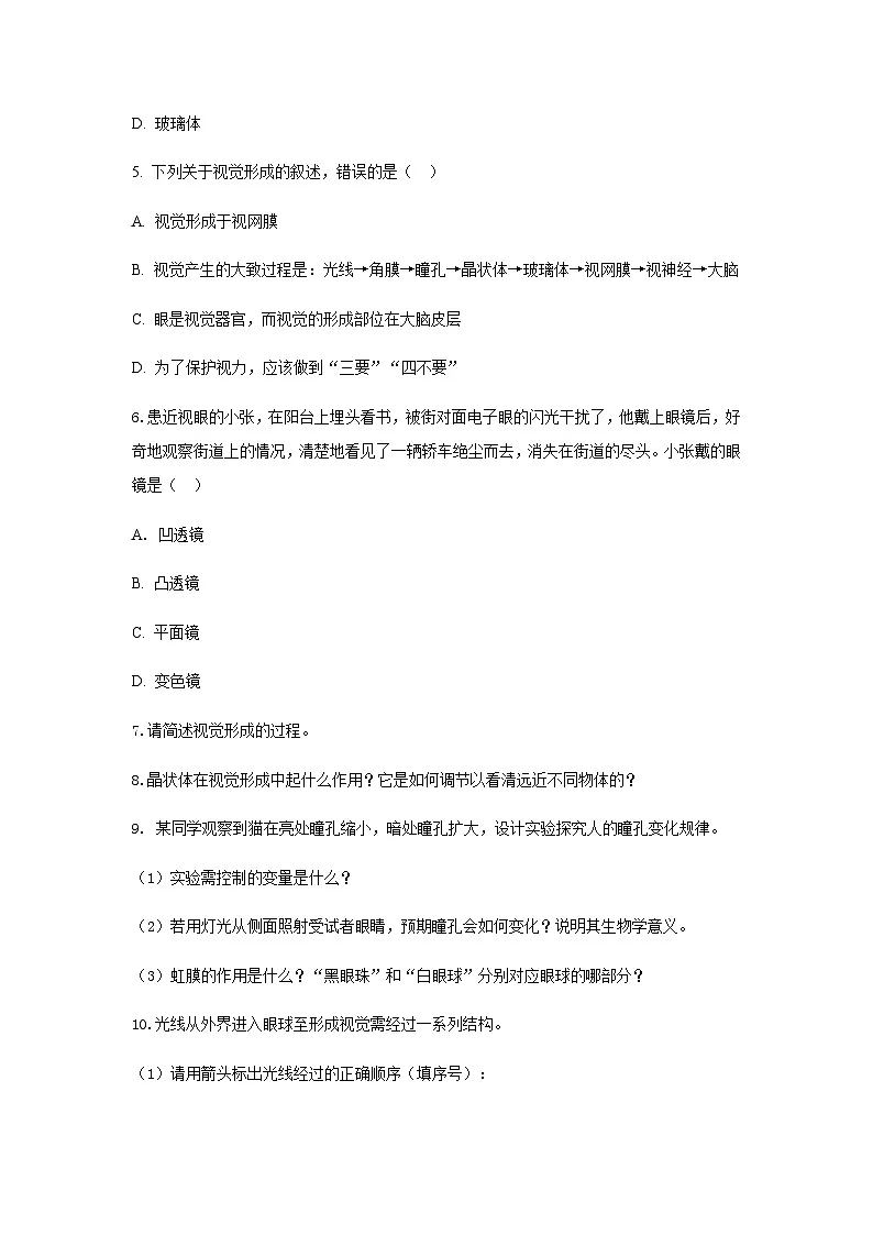 【核心素养】冀少版初中生物七下3.5.3.1感觉的形成（视觉） 分层作业（含答案）第2页